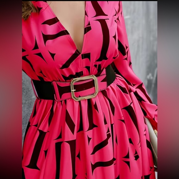 Letter Print Split Thigh Belted, Elegant V Neck High Waist Pleated Maxi Dress - Picture 10 of 11